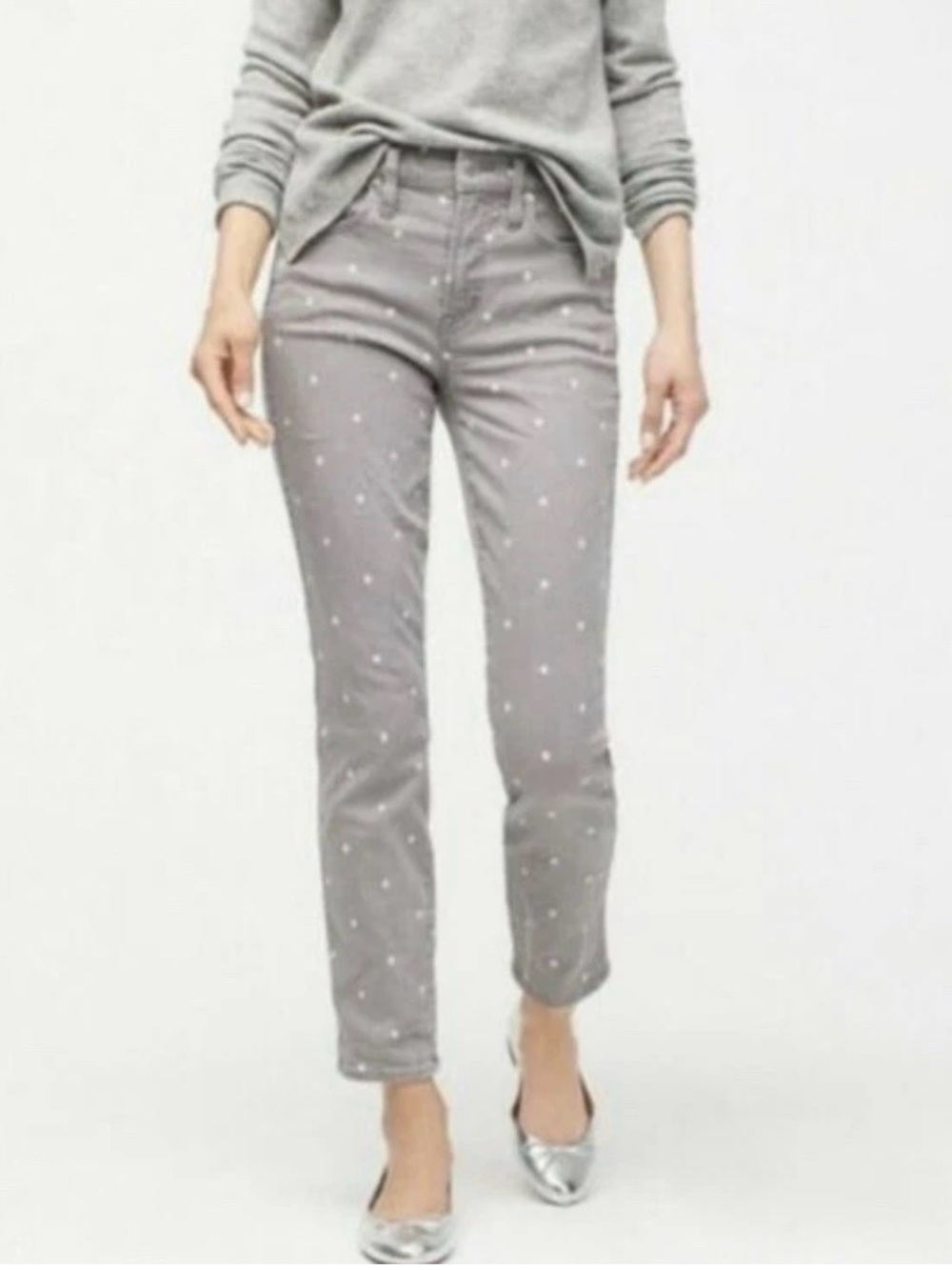 🤎 J. Crew Vintage Straight Gray Denim Jeans White Polka Dots 14 / 32 (00947)